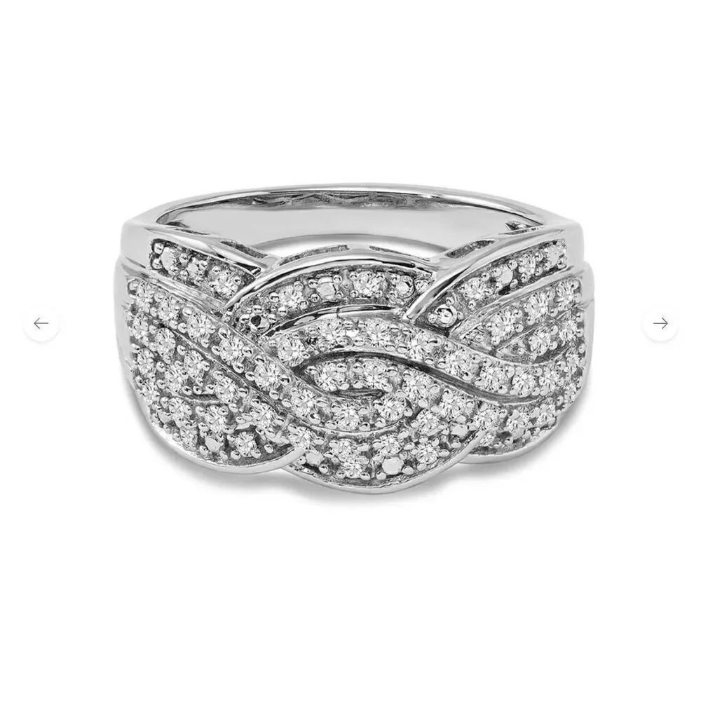 NEW~1/2 Carat Genuine Diamond Criss Cross Wave Design Ring Sz 8~Platinum